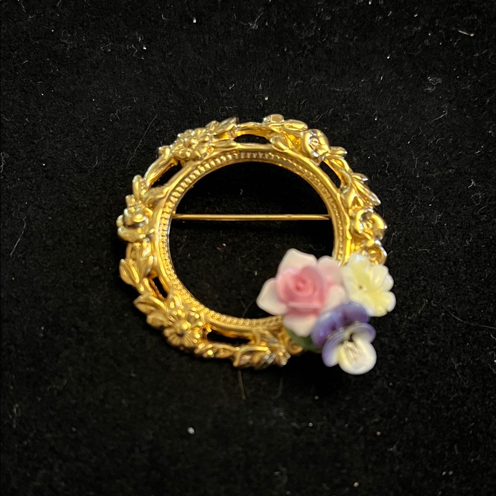 Floral Gold Brooch with Pink and Purple Accents